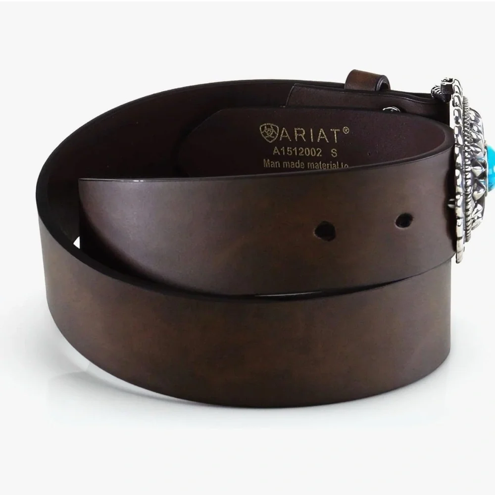 NVW ARIAT Women's Basic Brown Strap Tirqouise Buckle Belt - Picture 2 of 6